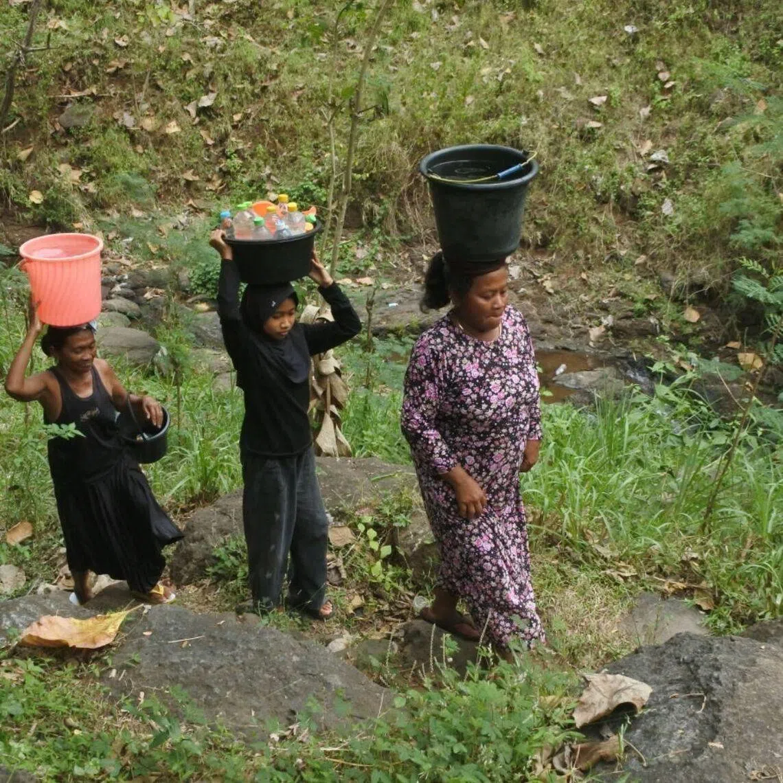 Residents carry buckets of water collected from a natural spring on June 20 in East Java. Villagers say they have struggled to access clean water for drinking and daily needs over the past month, forcing them to walk about 1km to the spring.