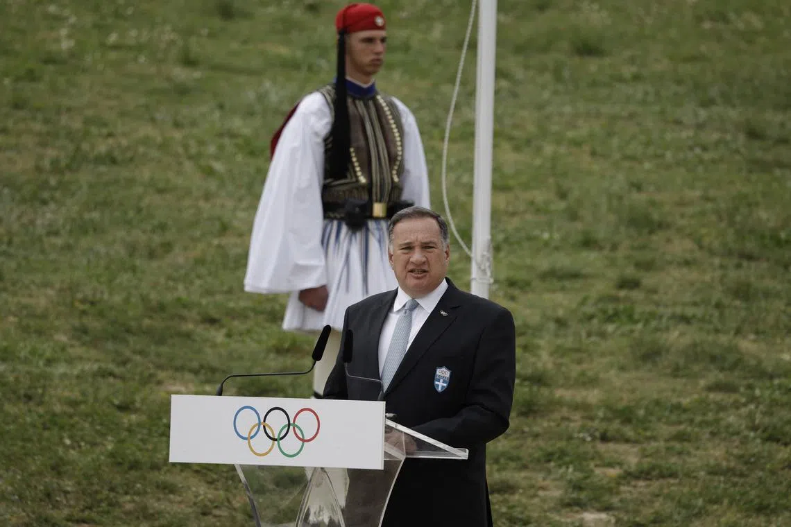 FILE PHOTO: Paris 2024 Olympics - Olympic Flame Lighting Ceremony - Ancient Olympia, Greece - April 16, 2024 President of the Hellenic Olympic Committee and Member of the nInternational Olympic Committee, Spyros Capralos gives a speech during the flame lighting ceremony for the Paris 2024 Olympics REUTERS/Louisa Gouliamaki