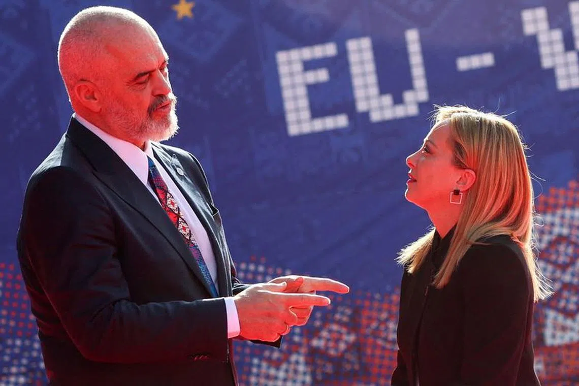 FILE PHOTO: Albania's Prime Minister Edi Rama welcomes Italy's Prime Minister Giorgia Meloni before the EU-Western Balkans summit in Tirana, Albania, December 6, 2022. REUTERS/Florion Goga/File Photo