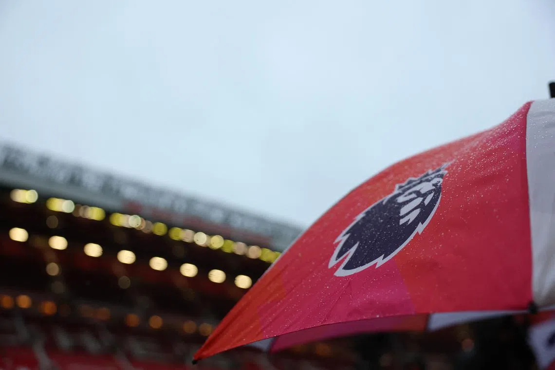 FILE PHOTO: Soccer Football - Premier League - Manchester United v Nottingham Forest - Old Trafford, Manchester, Britain - December 7, 2024 General view of the premier league logo printed on a corner flag inside the stadium before the match Action Images via Reuters/Lee Smith/File photo