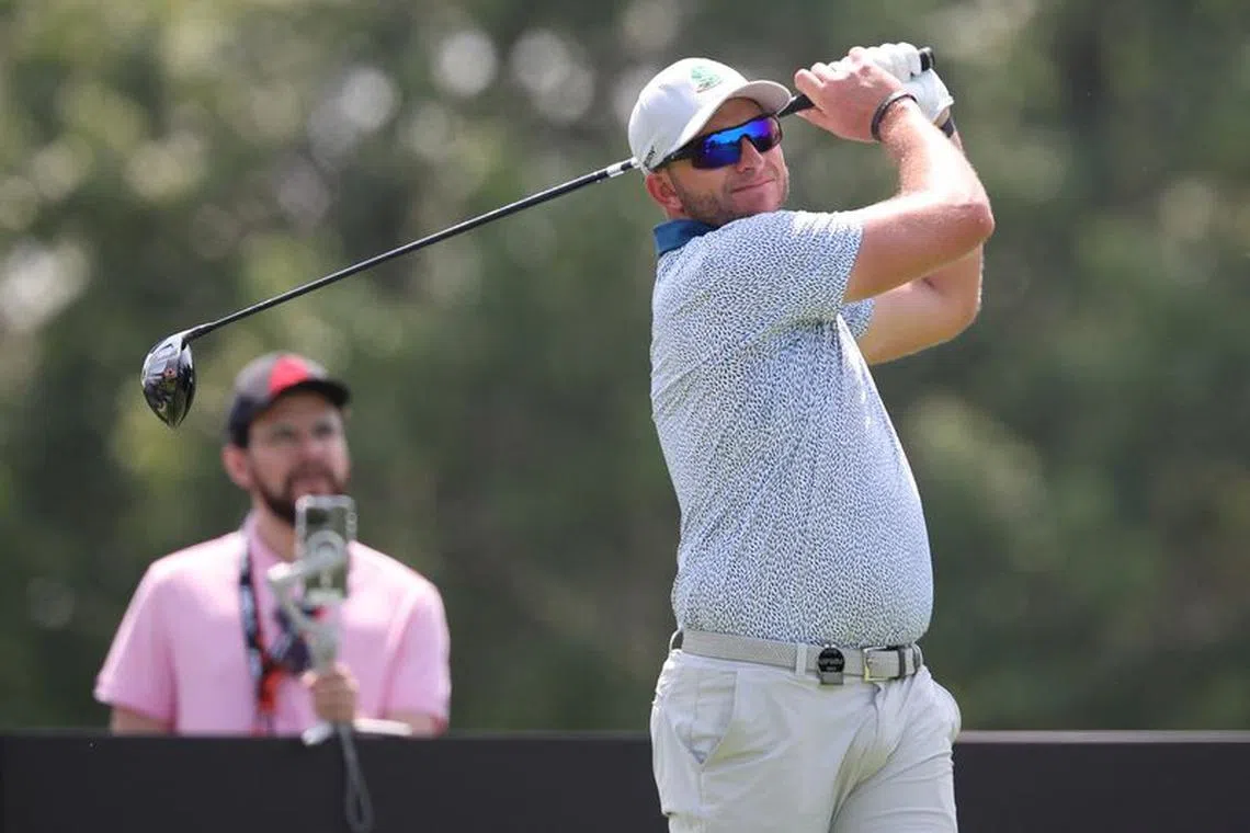 Aug 12, 2023; Bedminster, New Jersey, USA; Dean Burmester plays his shot from the third tee during the second round of the LIV Golf Bedminster golf tournament at Trump National Bedminster. Mandatory Credit: Vincent Carchietta-USA TODAY Sports/File Photo
