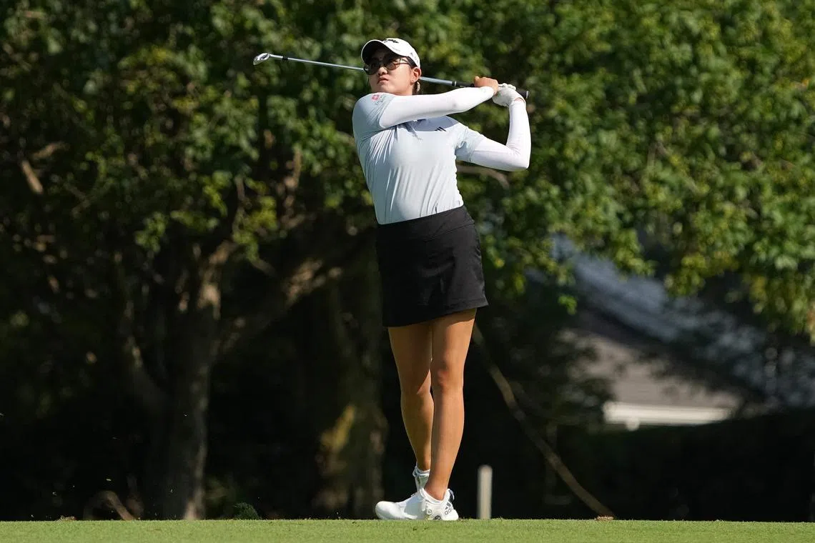 Rose Zhang of the United States plays a shot on the 16th hole during the second round of the Dana Open at Highland Meadows Golf Club on July 14, 2023 in Sylvania, Ohio.