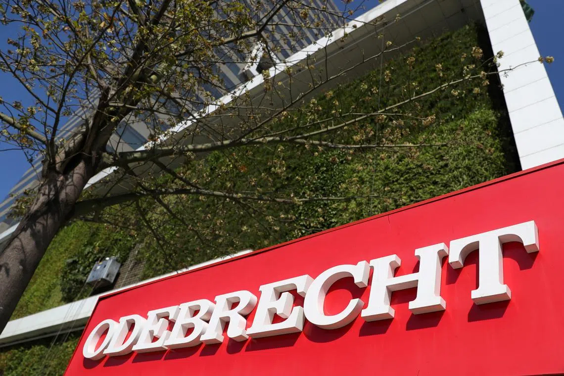 The corporate logo of the Odebrecht SA construction conglomerate is pictured at its headquarters in Sao Paulo, Brazil, on July 29, 2019.  Wanted banker Peter Weinzierl is alleged to have conspired with Brazil-based Odebrecht so it could pay bribes across South America. 
