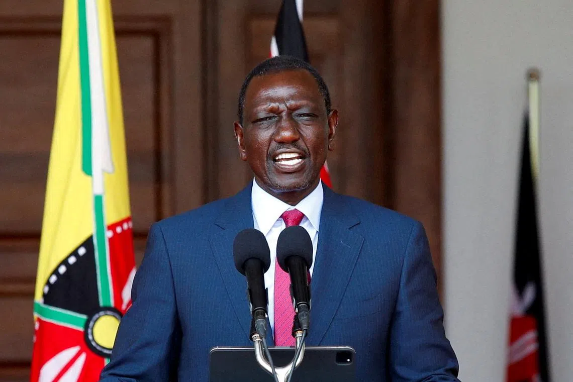 FILE PHOTO: Kenyan President William Ruto speaks at a press conference where he announced spending cuts in government after protests against the proposed finance bill 2024/2025, in Nairobi, Kenya, July 5, 2024. REUTERS/Monicah Mwangi/File Photo