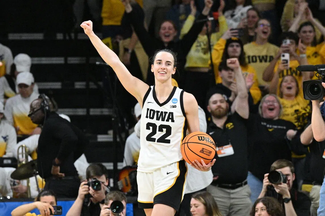 Mar 25, 2024; Iowa City, IA, USA; Iowa Hawkeyes guard Caitlin Clark (22) reacts during the fourth quarter against the West Virginia Mountaineers of the NCAA second round game at Carver-Hawkeye Arena. Mandatory Credit: Jeffrey Becker-USA TODAY Sports/File Photo