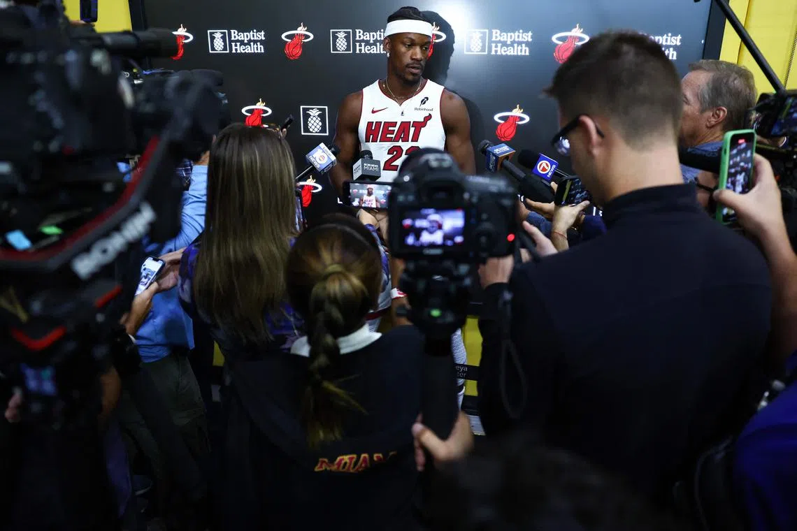 Jimmy Butler of the Miami Heat speaks to the media during media day at Kaseya Centre on Sept 30, 2024.