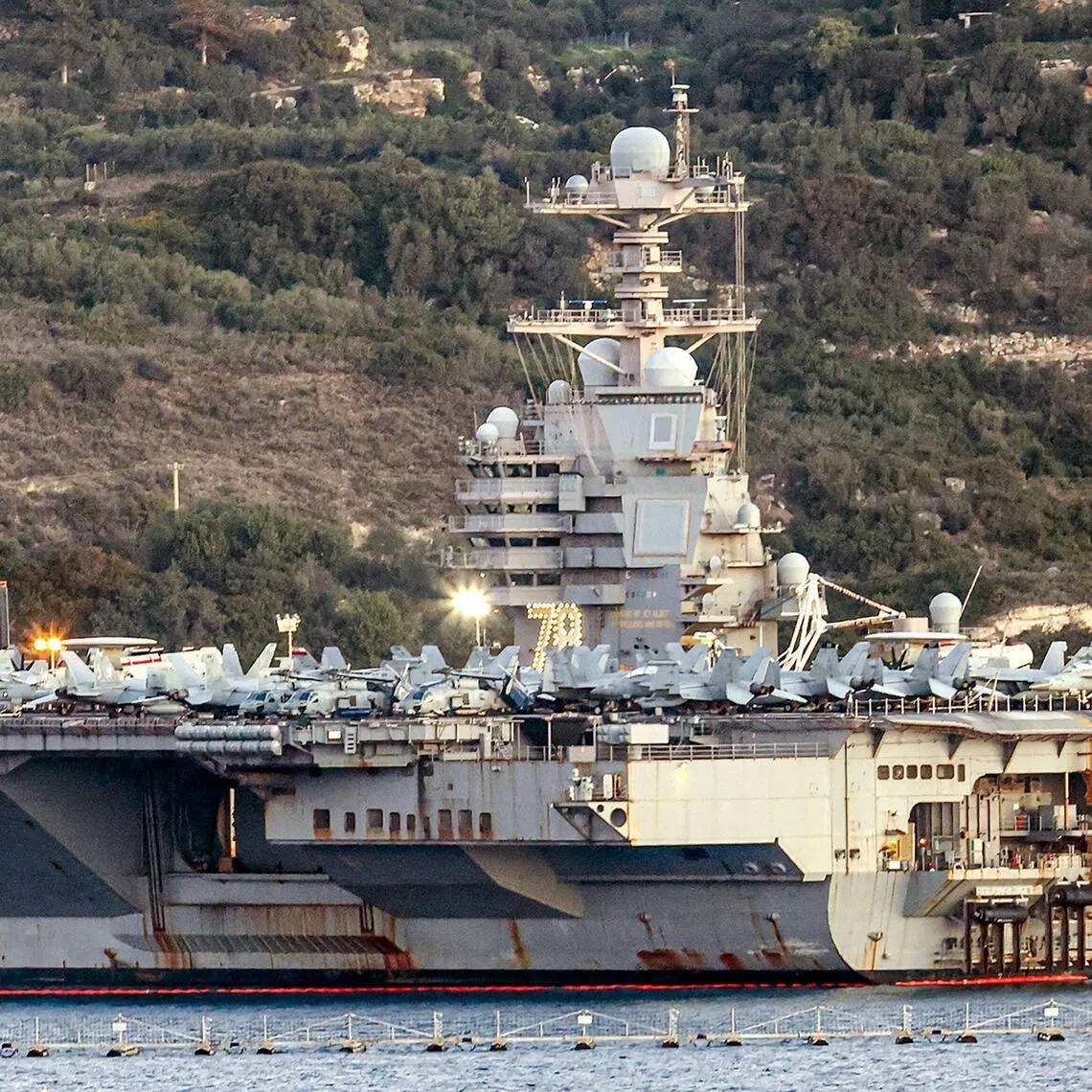 US aircraft carrier USS Gerald Ford is pictured docked at Souda Bay in the Greek Mediterranean island of Crete, on Feb 24.