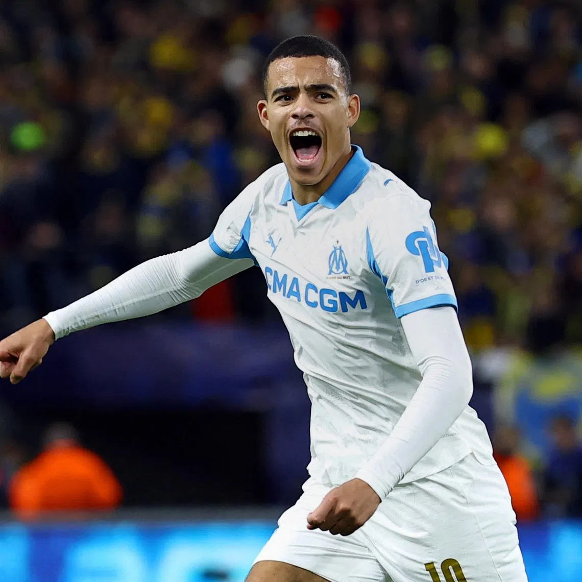 Soccer Football - UEFA Champions League - Union Saint-Gilloise v Olympique de Marseille - Stade Joseph Marien, Brussels, Belgium - December 9, 2025 Olympique de Marseille's Mason Greenwood celebrates scoring their second goal REUTERS/Yves Herman