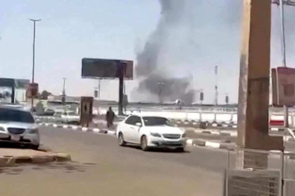 Smoke rises, following a drone attack in Khartoum airport, in Khartoum, Sudan, in this screengrab taken from social media video released on May 4, 2026. SOCIAL MEDIA/REUTERS TV via REUTERS