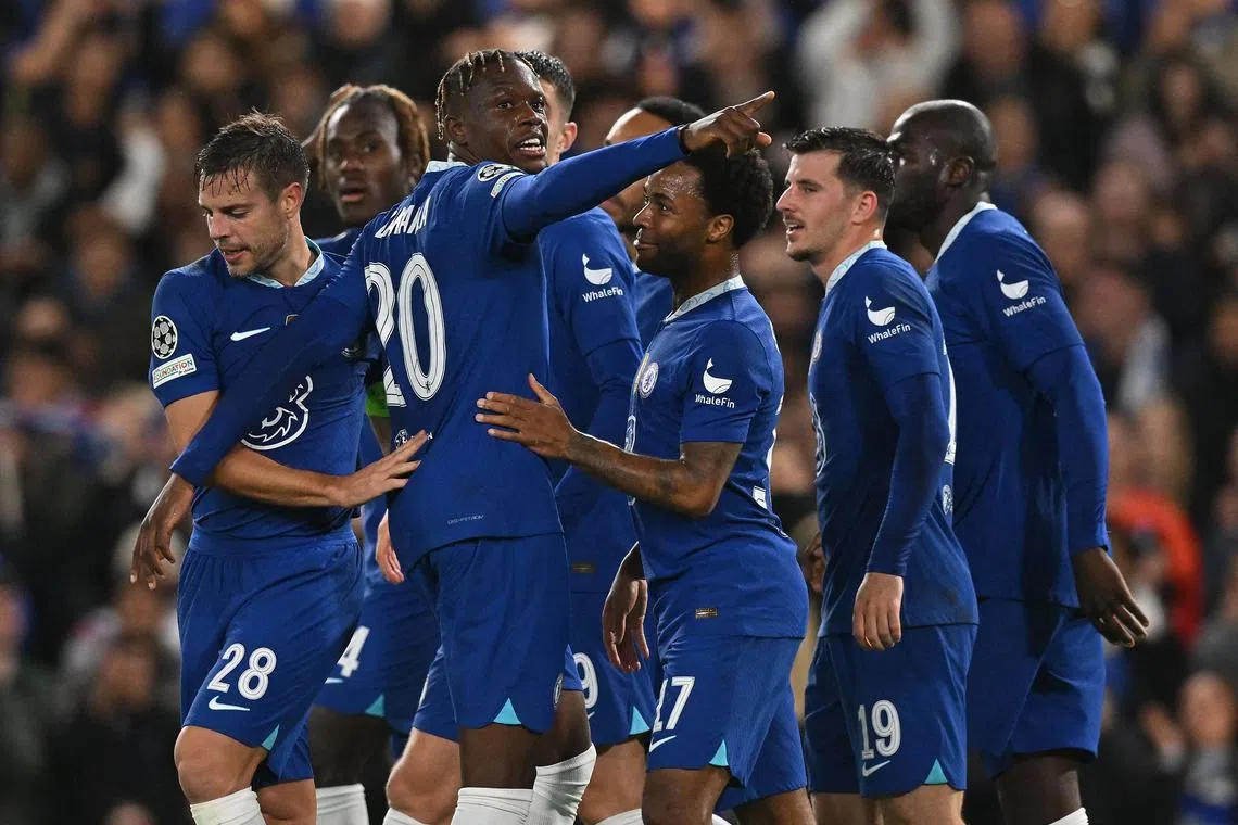 Chelsea's Swiss midfielder Denis Zakaria (third from left) celebrates scoring his team's second goal.