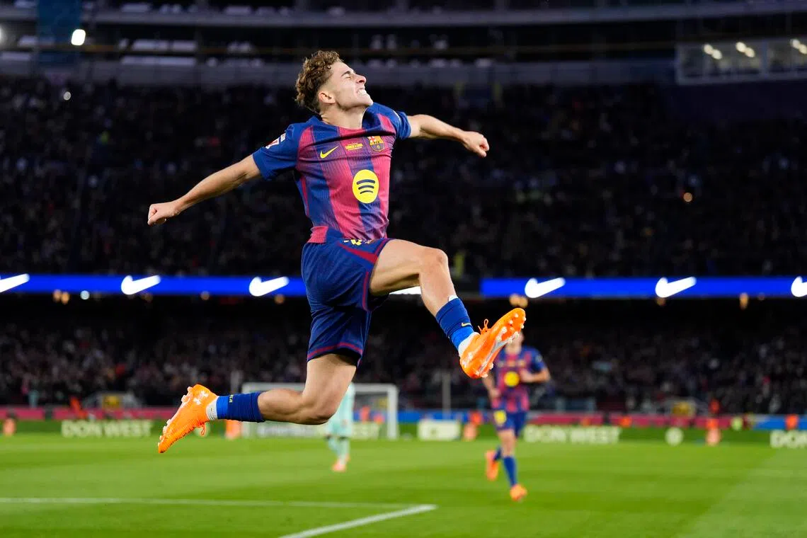 Barcelona's Fermin Lopez celebrating after scoring during the 4-0 La Liga win over Athletic Bilbao at the Camp Nou on Nov 22.