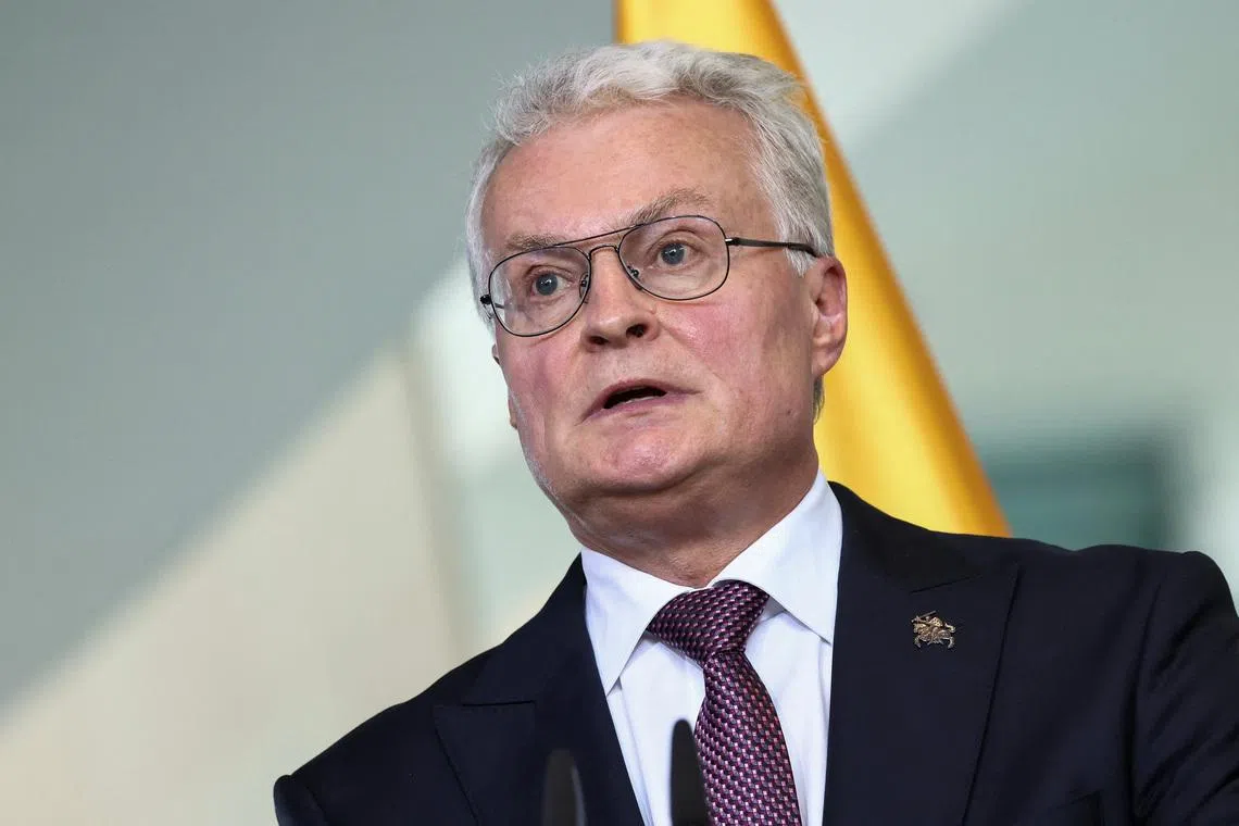 FILE PHOTO: Lithuanian President Gitanas Nauseda attends a joint press conference with Estonian Prime Minister Kristen Michal, German Chancellor Friedrich Merz and Latvian President Edgars Rinkevics, in Berlin, Germany, July 3, 2026. REUTERS/Nadja Wohlleben/File Photo