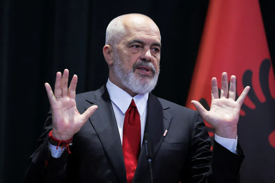Albania's Prime Minister Edi Rama gestures during a press conference in Tirana, Albania May 17, 2025. REUTERS/Valdrin Xhemaj/File Photo