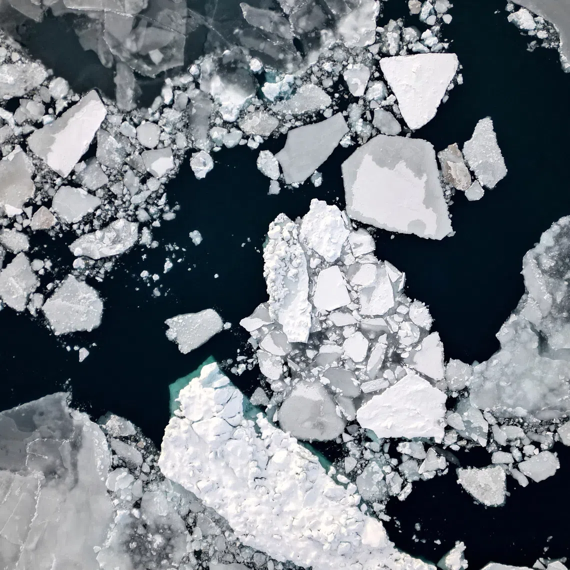 An aerial view shows ice floating in front of Sermitsiaq Island near Nuuk, Greenland.