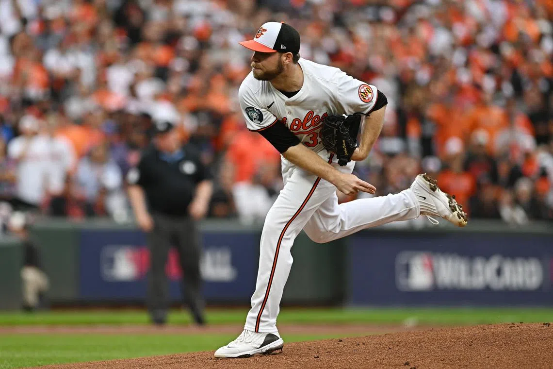 FILE PHOTO: Oct 1, 2024; Baltimore, Maryland, USA; Baltimore Orioles pitcher Corbin Burnes (39) throws a pitch against the Kansas City Royals in the first inning in game one of the Wild Card round for the 2024 MLB Playoffs at Oriole Park at Camden Yards. Mandatory Credit: Tommy Gilligan-Imagn Images/File Photo