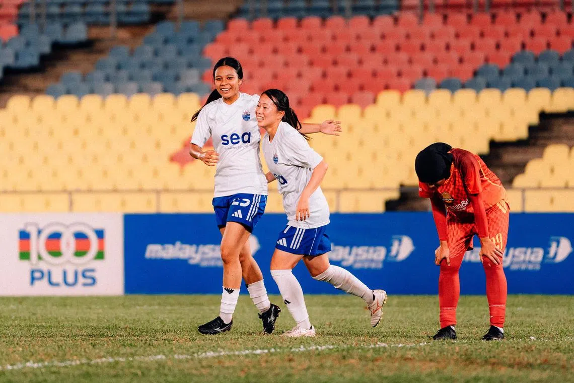 Miyu Inayama (right) celebrates after scoring the opener for Lion City Sailors in the 3-0 win against Malaysia's Kelana United on Aug 28.

credit: Lion City Sailors