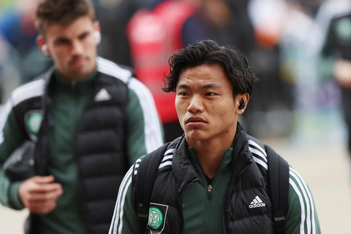FILE PHOTO: Soccer Football - Scottish Premiership - Celtic v St Mirren - Celtic Park, Glasgow, Scotland, Britain - May 20, 2023 Celtic's Reo Hatate arrives before the match REUTERS/Russell Cheyne/File Photo