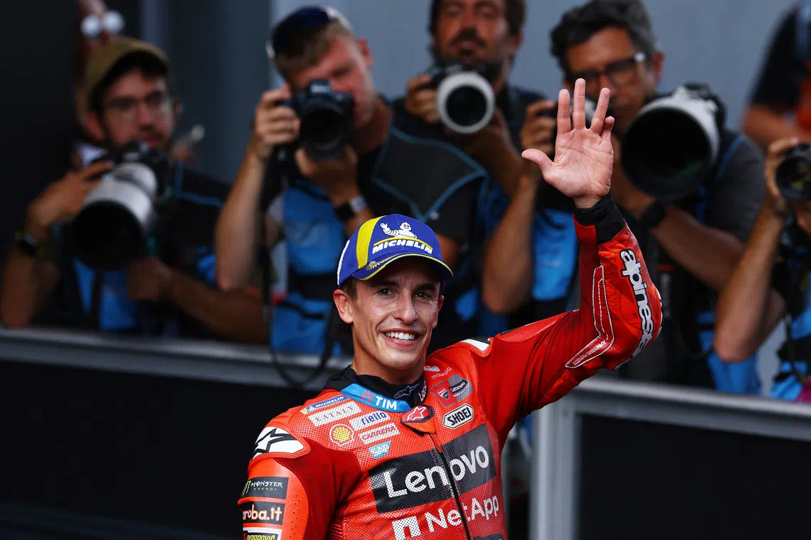 FILE PHOTO: MotoGP - Catalunya Grand Prix - Circuit de Barcelona, Barcelona, Spain - September 7, 2025 Ducati Lenovo Team's Marc Marquez celebrates after finishing second in the MotoGP race REUTERS/Albert Gea/File Photo