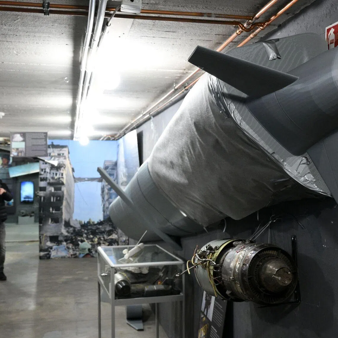 The remains of a Russian cruise missile KH-101 on display in the Berlin Story Bunker exhibition.