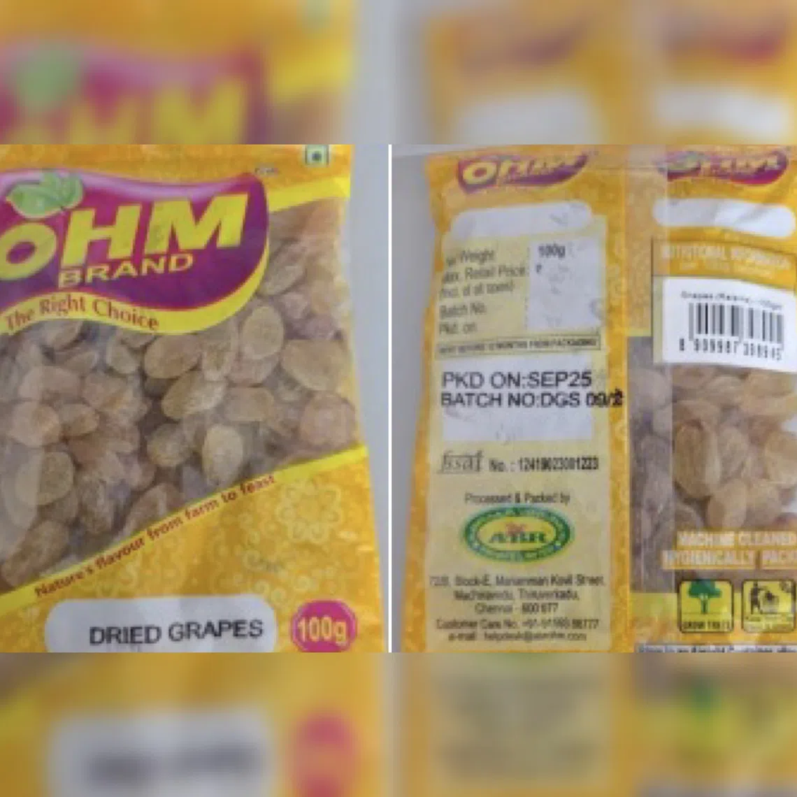 SFA announced on the recall of Ohm Brand Dried Grape due to undeclared allergen on Nov 6.