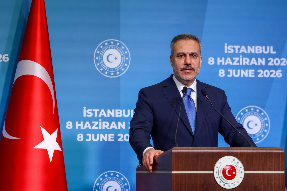 Turkish Foreign Minister Hakan Fidan speaks during a press conference with his counterparts Jeyhun Bayramov of Azerbaijan and Maka Bochorishvili of Georgia (not pictured) after their meeting in Istanbul, Turkey, June 8, 2026. REUTERS/Dilara Senkaya