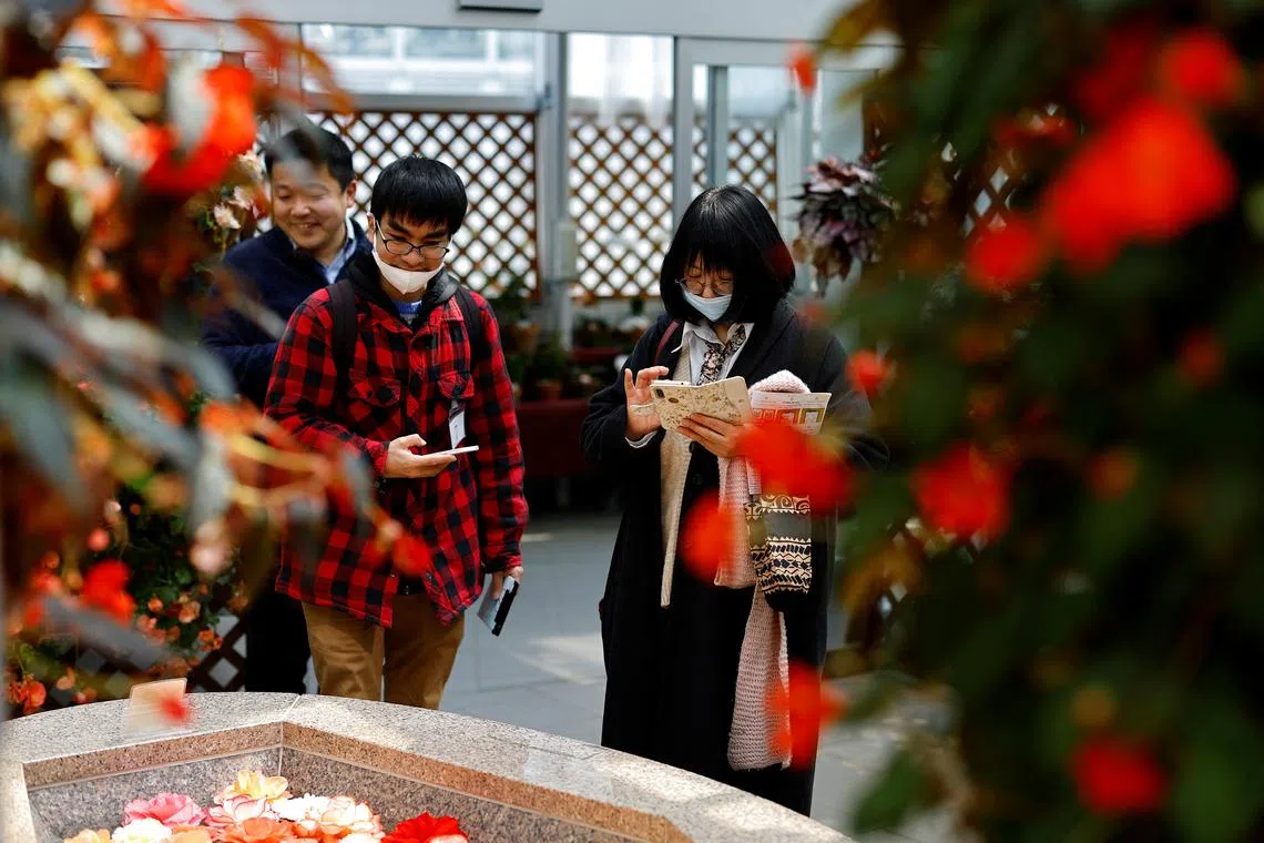 Participants take part in a matchmaking event using mystery solving game, which is organized by Tokyo metropolitan government at Jindai Botanical Gardens in Tokyo, March 20, 2024. REUTERS/Kim Kyung-Hoon