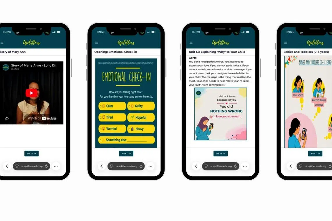Uplifters (Singapore) Limited’s new online long-distance parenting programme for migrant domestic workers comprises 14 online lessons on topics such as emotional wellbeing, conflict prevention and self-care.