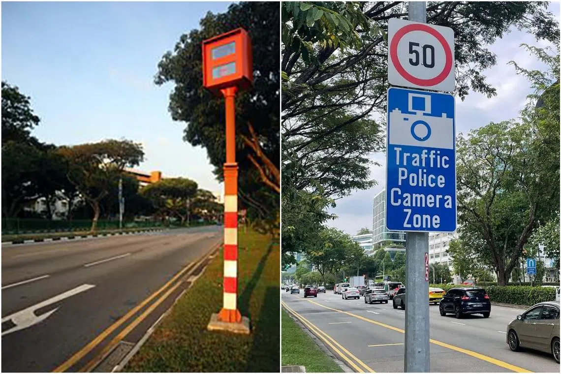 Red-light cameras are painted orange and white (left), and come with warning signs indicating that the area is a “Traffic Police Camera Zone”. 
