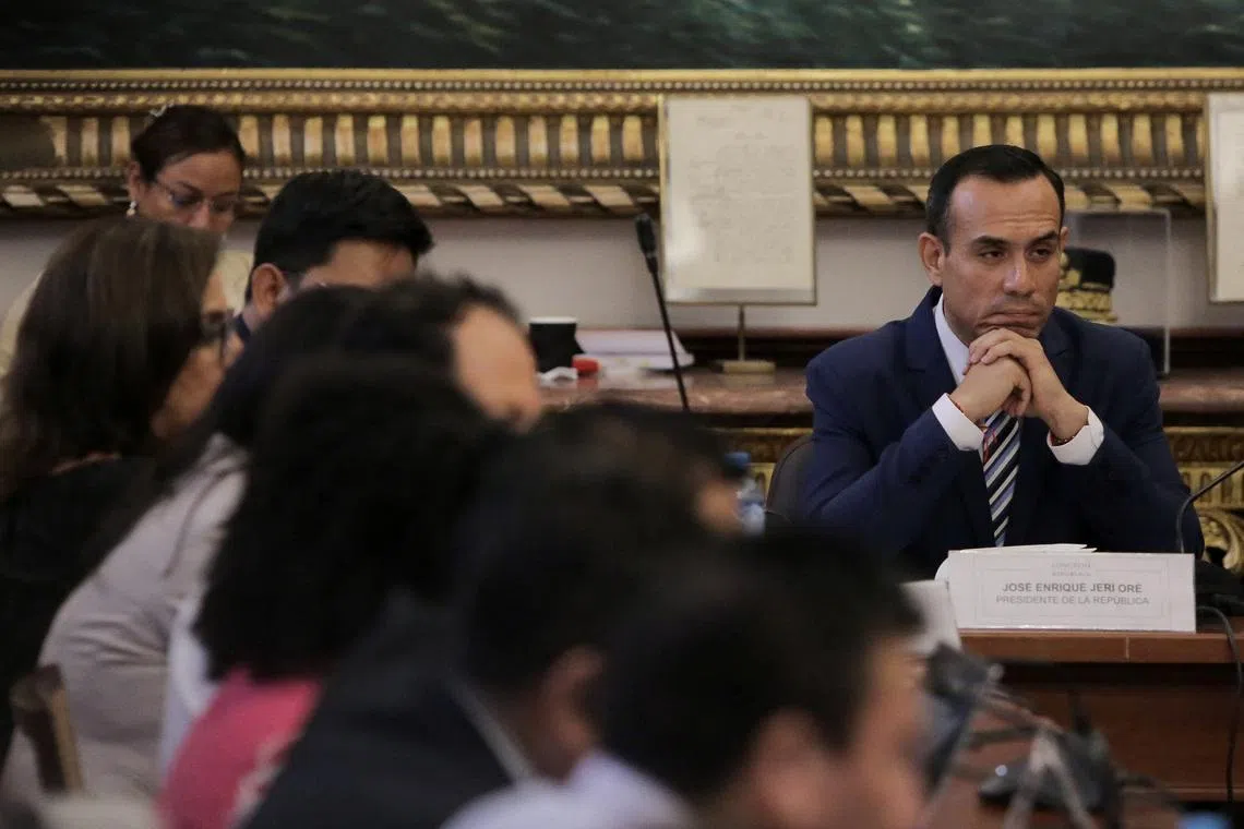 Peruvian President Jose Jeri testifies before a congressional committee to address undisclosed meetings with a Chinese businessman, a case that has intensified scrutiny over his government's transparency and accountability, in Lima, Peru, January 21, 2026. REUTERS/Gerardo Marin