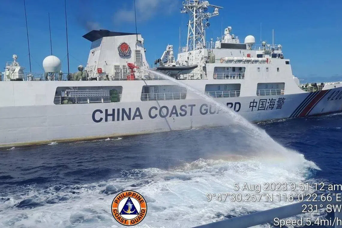 Eight Chinese vessels surrounded and fired water cannons at the boats chartered by the Philippine Navy and Philippine Coast Guard.