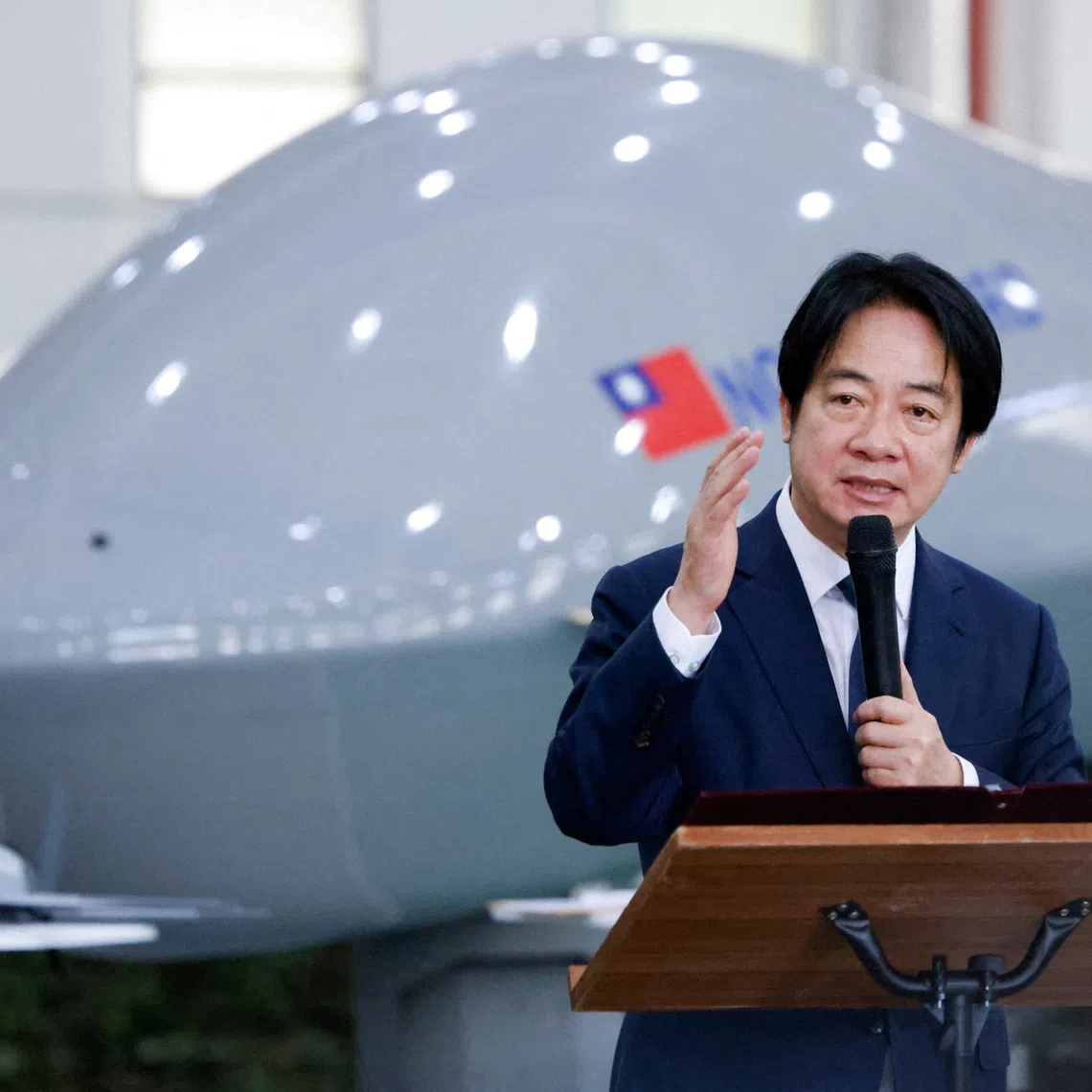 FILE PHOTO: Taiwan President Lai Ching-te speaks in front of a Teng Yun unmanned aerial vehicle during a visit to the National Chung-Shan Institute of Science and Technology (NCSIST) to inspect developments in drone technology in Taichung, Taiwan, July 17, 2026. REUTERS/Ann Wang/File Photo