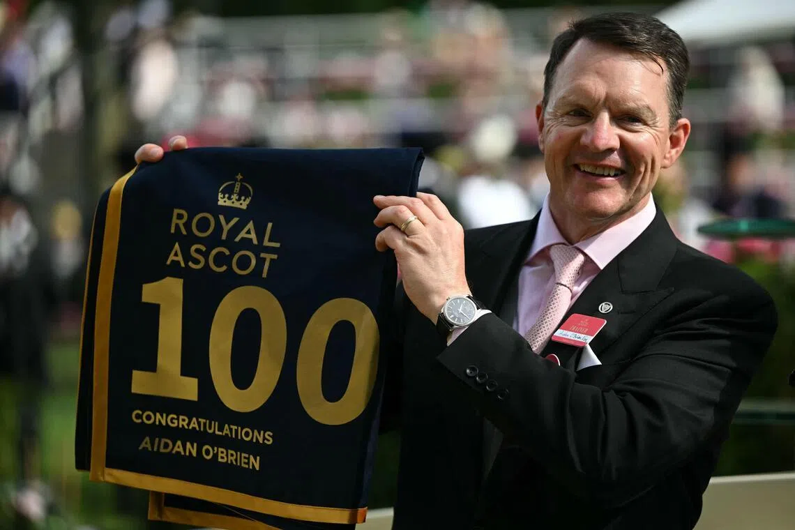 Legendary trainer Aidan O'Brien proudly lifting the special saddlecloth toasting his 100th Royal Ascot winner on June 18.