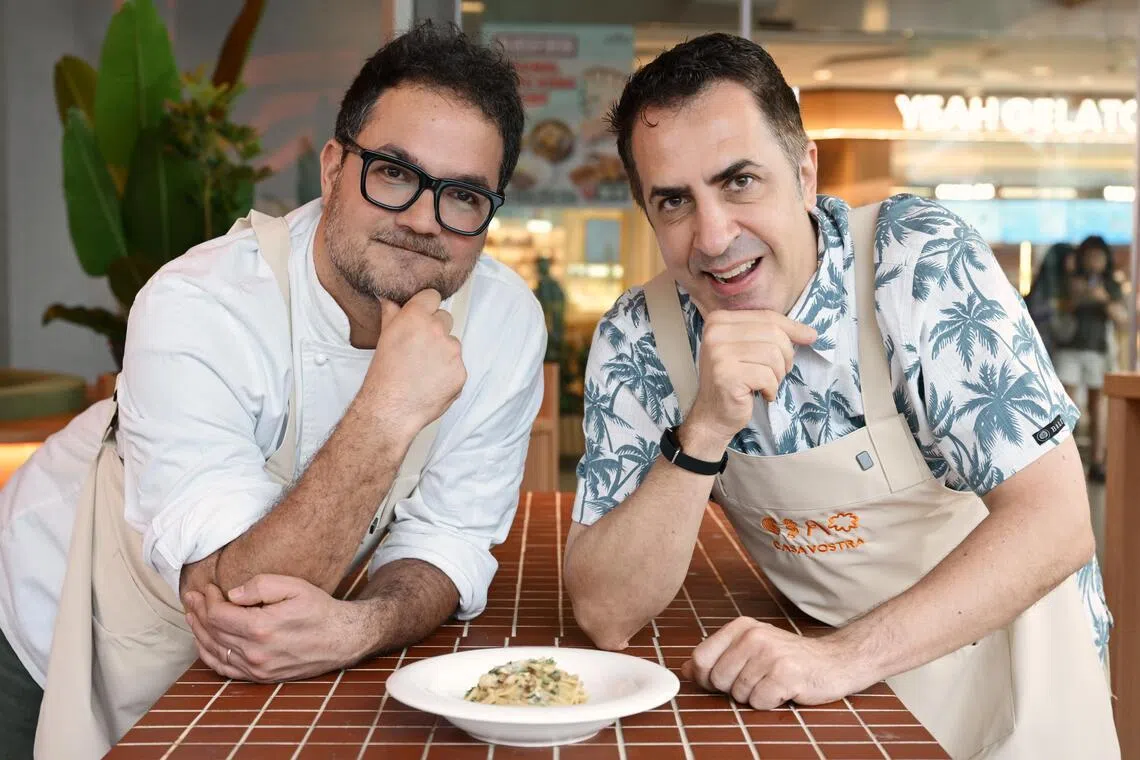Italian chef Luciano Monosilio (left), dubbed the King of Carbonara, has trained chefs at chef Antonio Miscellaneo's Casa Vostra outlet at Tampines Mall to make his famous Spaghetti Alla Carbonara. 