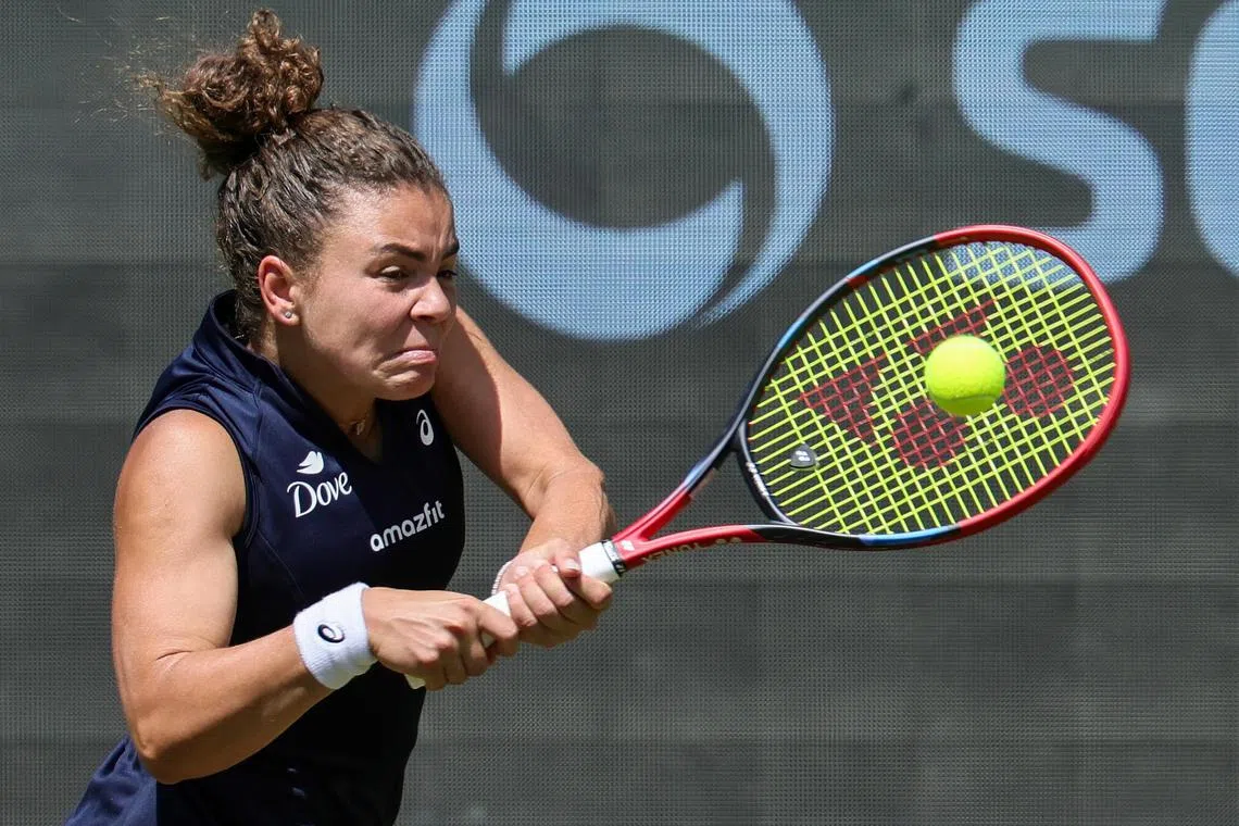 Jasmine Paolini of Italy in her round-of-16 match against Leylah Fernandez of Canada at the Bad Homburg Open women's tennis tournament in Germany on June 24, 2025.