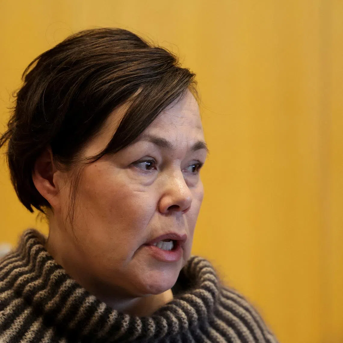 FILE PHOTO: Chairperson of Siumut party Vivian Motzfeldt speaks to the media in Nuuk, Greenland, March 28, 2025. REUTERS/Leonhard Foeger/File Photo