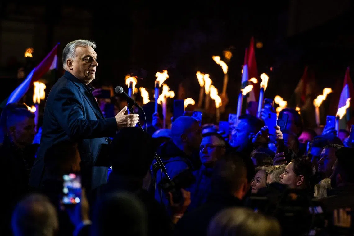 Hungarian Prime Minister Viktor Orban speaks during an election campaign rally in Kaposvar, Hungary, March 16, 2026. REUTERS/Marton Monus