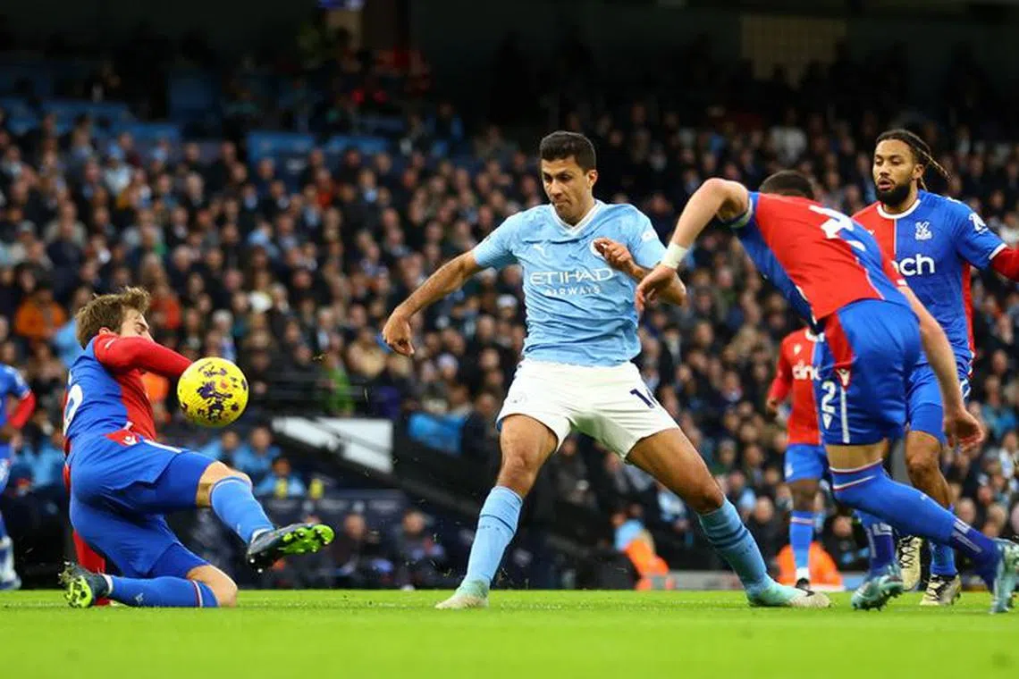 FILE PHOTO: Soccer Football - Premier League - Manchester City v Crystal Palace - Etihad Stadium, Manchester, Britain - December 16, 2023 Manchester City's Rodri misses a chance to score REUTERS/Carl Recine/File Photo