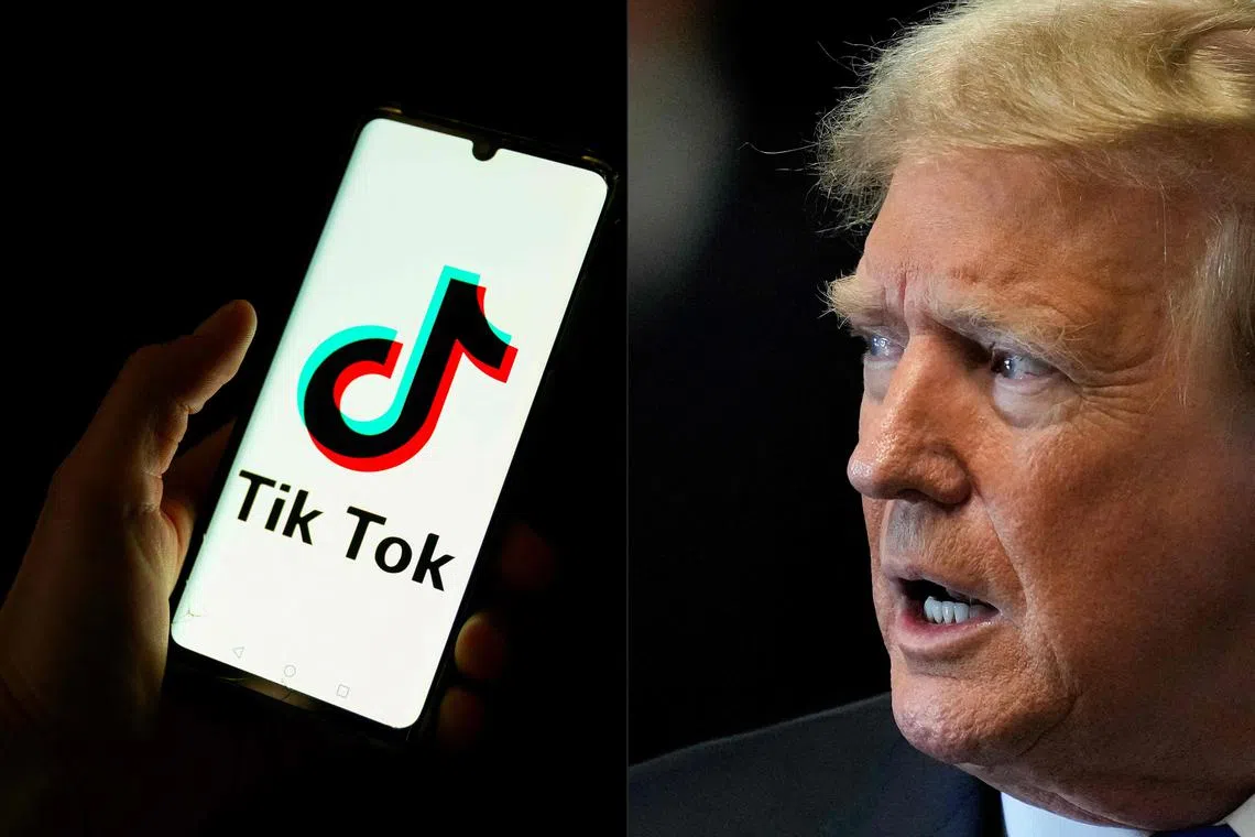 (COMBO) This combination of pictures created on June 2, 2024 shows a man holding a smartphone displaying the logo of Chinese social media platform Tiktok in an office in Paris on April 19, 2024 and former US President and Republican presidential candidate Donald Trump speaking to the media as he arrives for his criminal trial at Manhattan Criminal Court in New York City on May 30, 2024. US President-elect Donald Trump filed a brief on December 27, 2024 urging the Supreme Court to pause a law that would ban TikTok the day before his January 20 inauguration if it is not sold by its Chinese owner ByteDance. (Photo by Antonin UTZ and Seth Wenig / various sources / AFP)