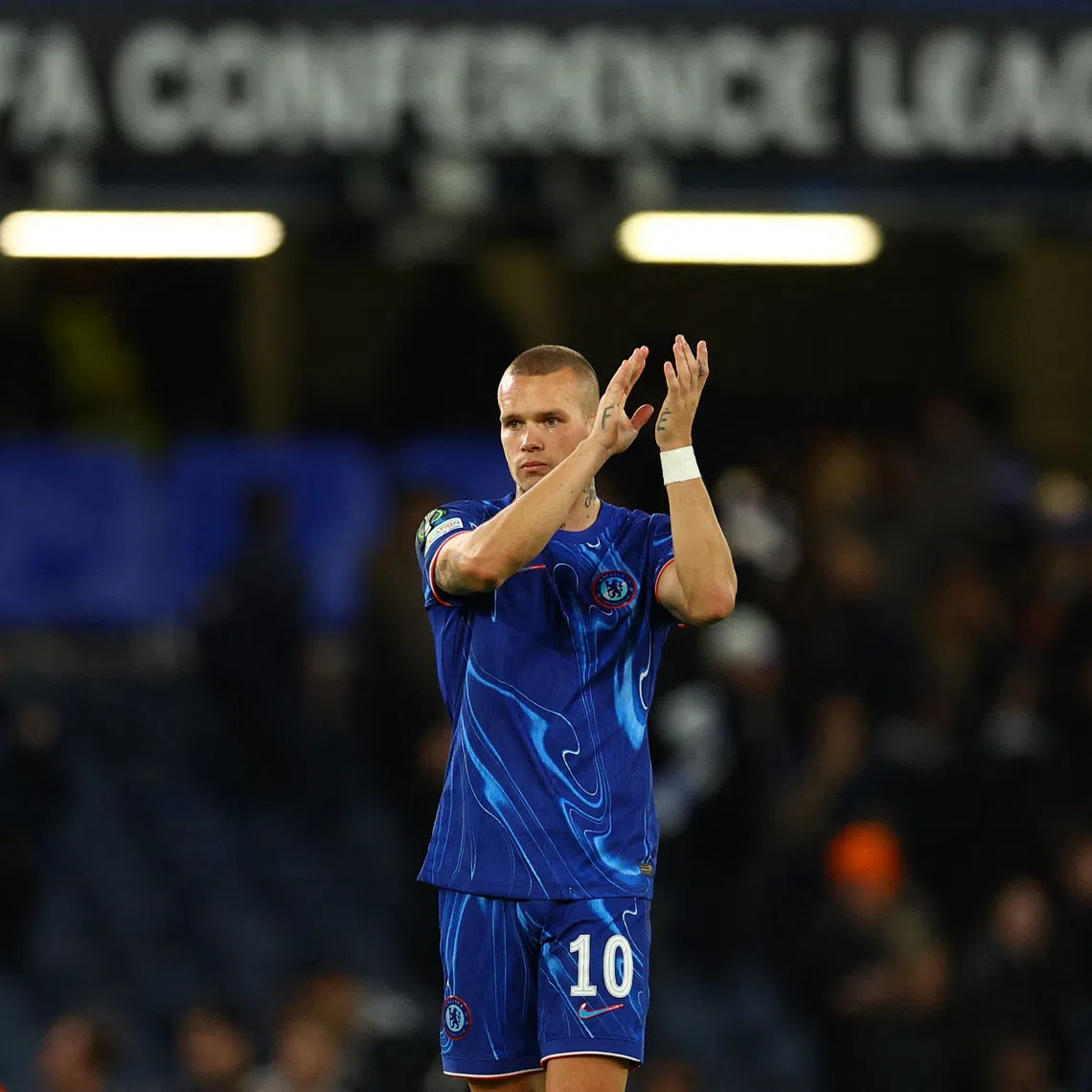 Soccer Football - Europa Conference League - Chelsea v Gent - Stamford Bridge, London, Britain - October 3, 2024  Chelsea's Mykhailo Mudryk celebrates after the match Action Images via Reuters/Andrew Boyers