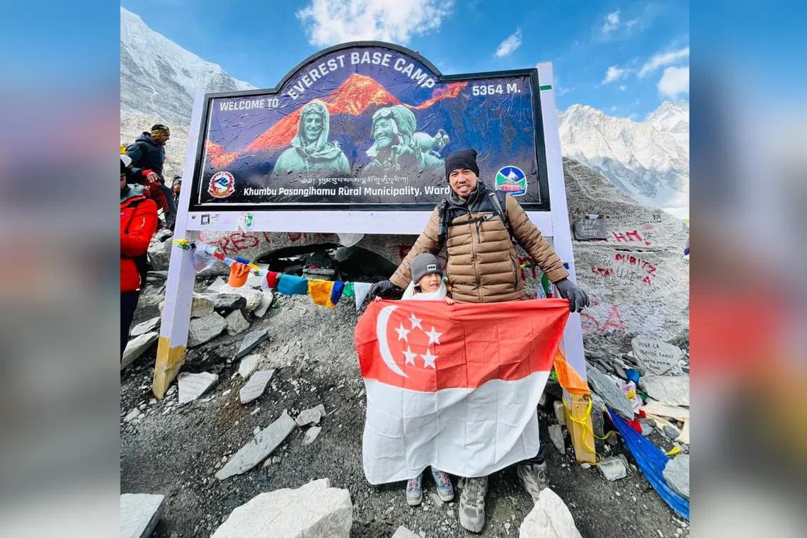 Mr Zikri Ali and his 5-year-old son, Abyan Imtiaz Irkiz, at Everest Base Camp in April 2024.
