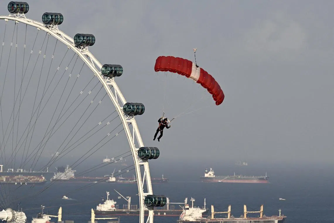 Red Lions in action during the National Day Parade at the Padang on Aug 9, 2023. ST PHOTO: DESMOND FOO