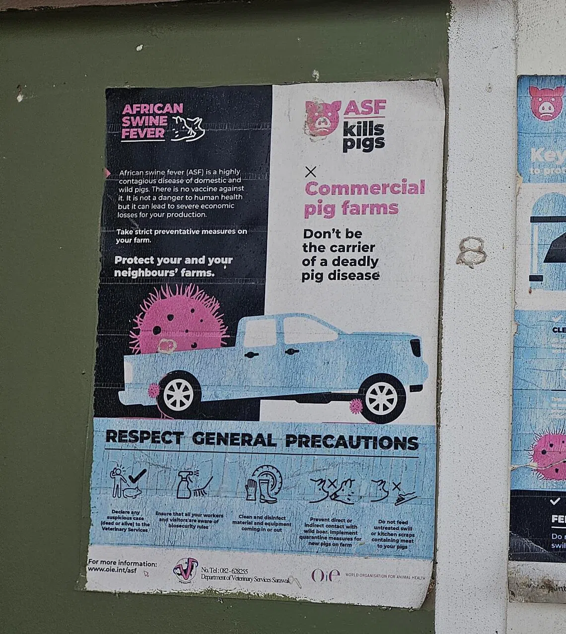 A poster warning about the risk of ASF displayed on the wall of a Green Breeder pig farmhouse.