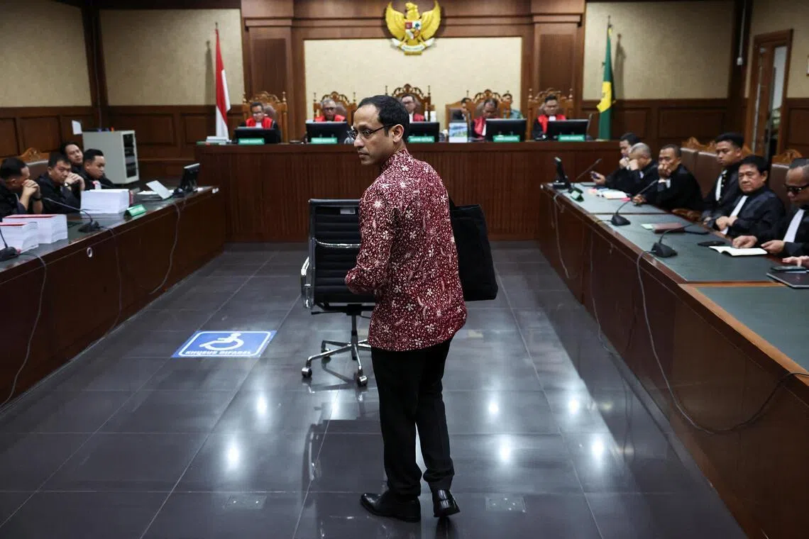 Indonesia’s former education minister Nadiem Makarim arriving for a hearing in Jakarta on May 13, over alleged corruption related to the procurement of Chromebook laptops.