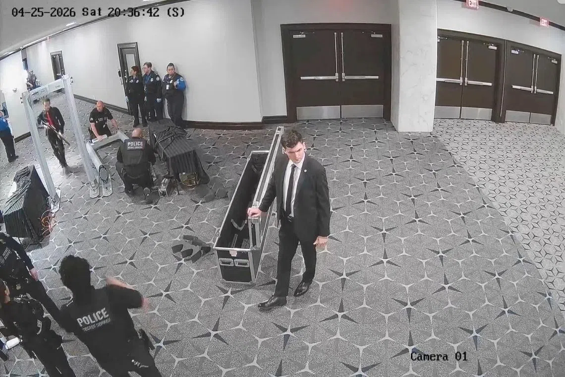 White House Correspondents' Association Dinner shooting suspect Cole Tomas Allen sprints past security personnel in a screengrab from a security camera video on April 25.