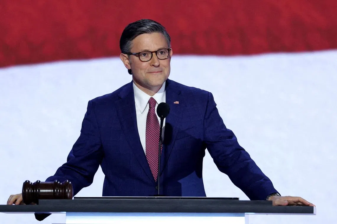 FILE PHOTO: House Speaker Mike Johnson holds the gavel on Day 1 of the Republican National Convention (RNC) at the Fiserv Forum in Milwaukee, Wisconsin, U.S., July 15, 2024. REUTERS/Mike Segar/File Photo