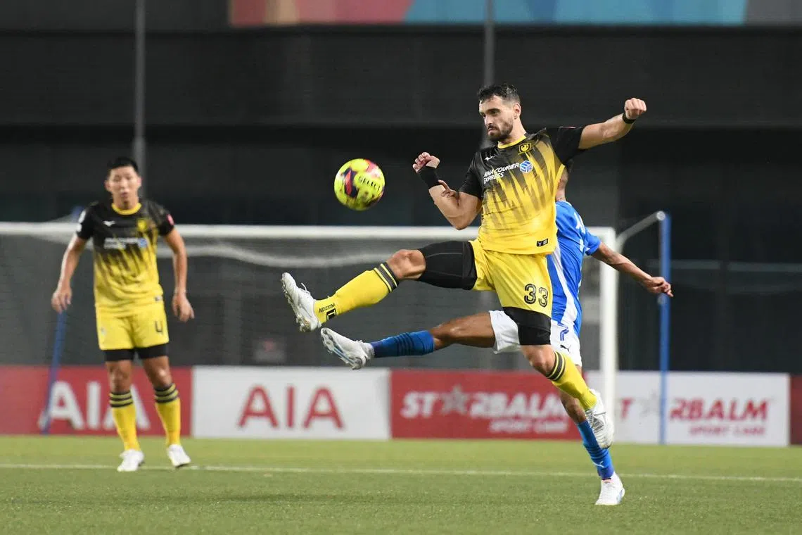 Tampines Rovers' Milos Zlatkovic fighting for the ball with Lion City Sailors' Shawal Anuar in the two teams' previous meeting, while centre-back partner Shuya Yamashita looks on.

PHOTO: TAMPINES ROVERS