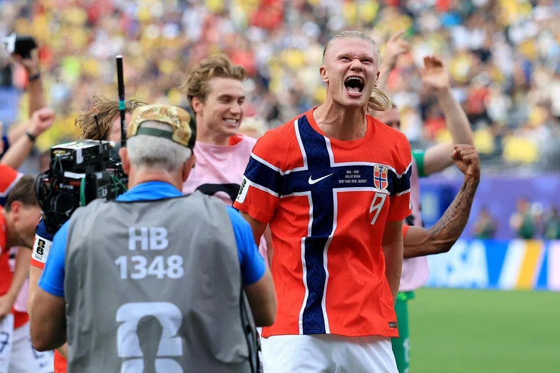 Erling Haaland celebrating after Norway’s 2-1 victory over Brazil on July 5.
