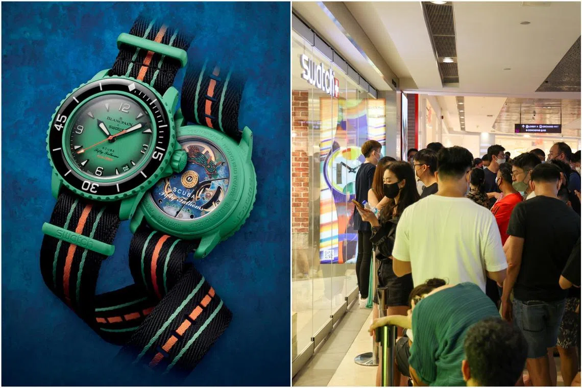 Like the MoonSwatch which caused snaking queues, the Swatch x Blancpain is fashioned from Swatch’s eco-friendly Bioceramic compound. 