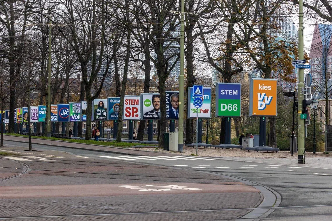 Election campaign posters for the political parties contesting in the Nov 22 general election in the Netherlands.