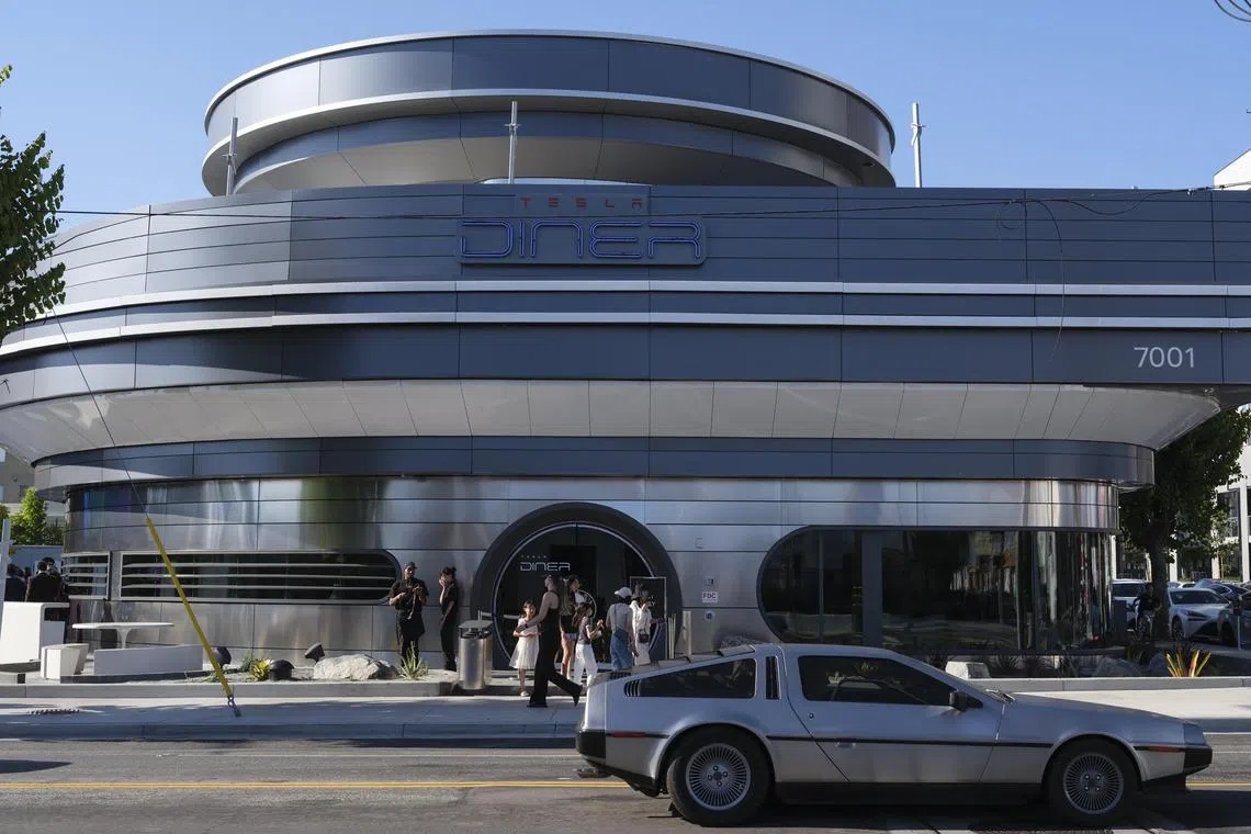 The Tesla Diner in Los Angeles in August 2025. The Tesla Diner opened in July, a charging station and restaurant with two big screens. (Zach Callahan/The New York Times)